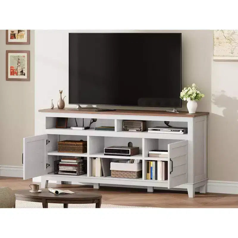 Meuble TV pour 160 cm, meuble TV avec étagères réglables, meuble TV de style ferme avec portes de placard