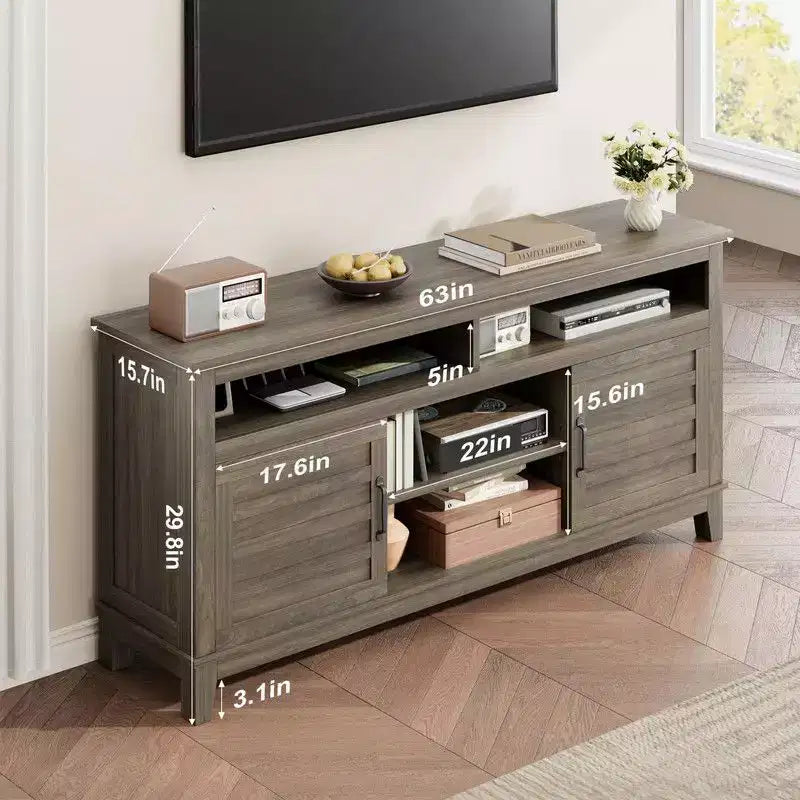 Meuble TV pour 160 cm, meuble TV avec étagères réglables, meuble TV de style ferme avec portes de placard