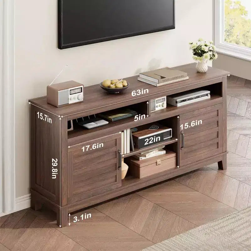 Meuble TV pour 160 cm, meuble TV avec étagères réglables, meuble TV de style ferme avec portes de placard