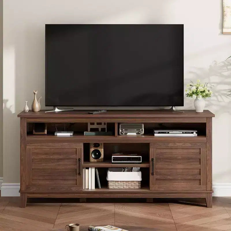 Meuble TV pour 160 cm, meuble TV avec étagères réglables, meuble TV de style ferme avec portes de placard