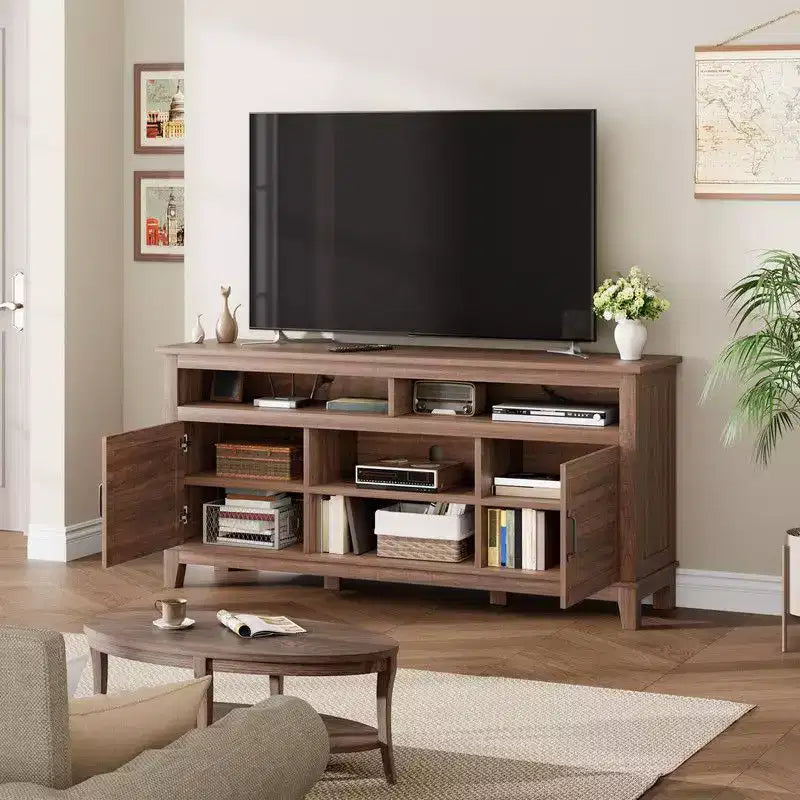 Meuble TV pour 160 cm, meuble TV avec étagères réglables, meuble TV de style ferme avec portes de placard