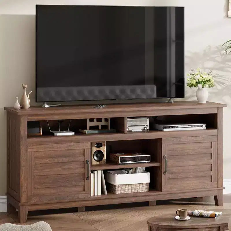 Meuble TV pour 160 cm, meuble TV avec étagères réglables, meuble TV de style ferme avec portes de placard
