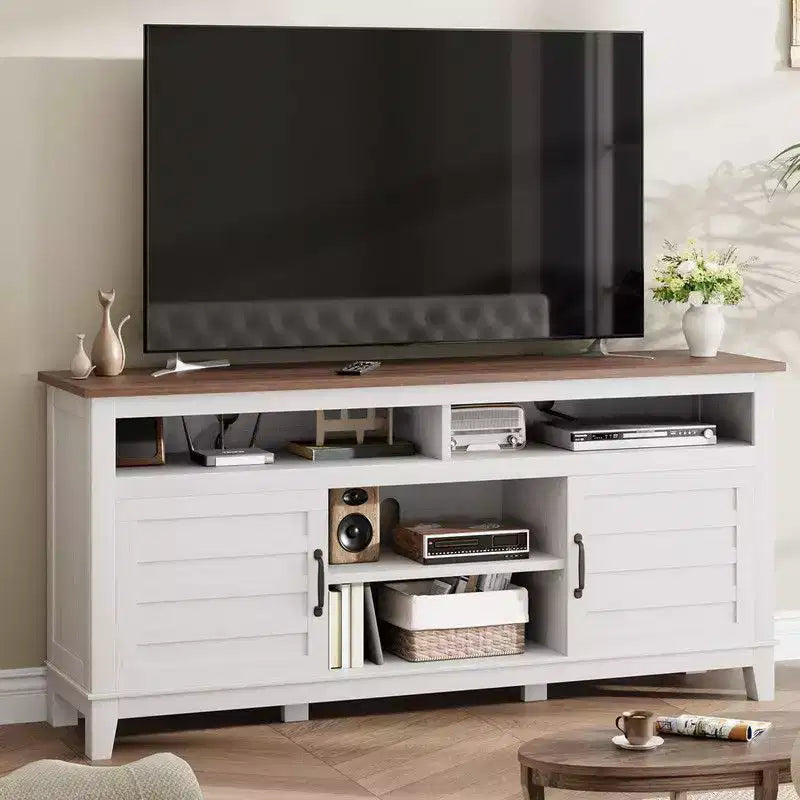 Meuble TV pour 160 cm, meuble TV avec étagères réglables, meuble TV de style ferme avec portes de placard
