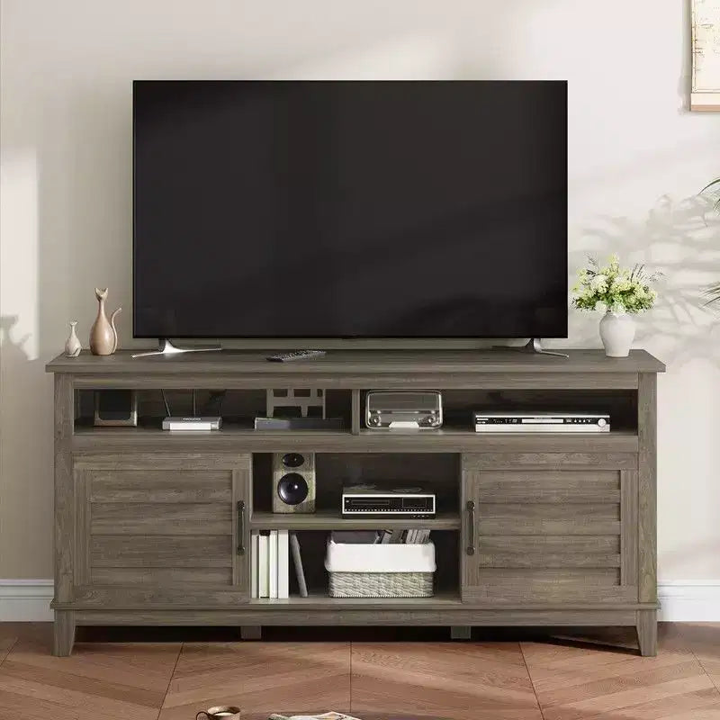 Meuble TV pour 160 cm, meuble TV avec étagères réglables, meuble TV de style ferme avec portes de placard