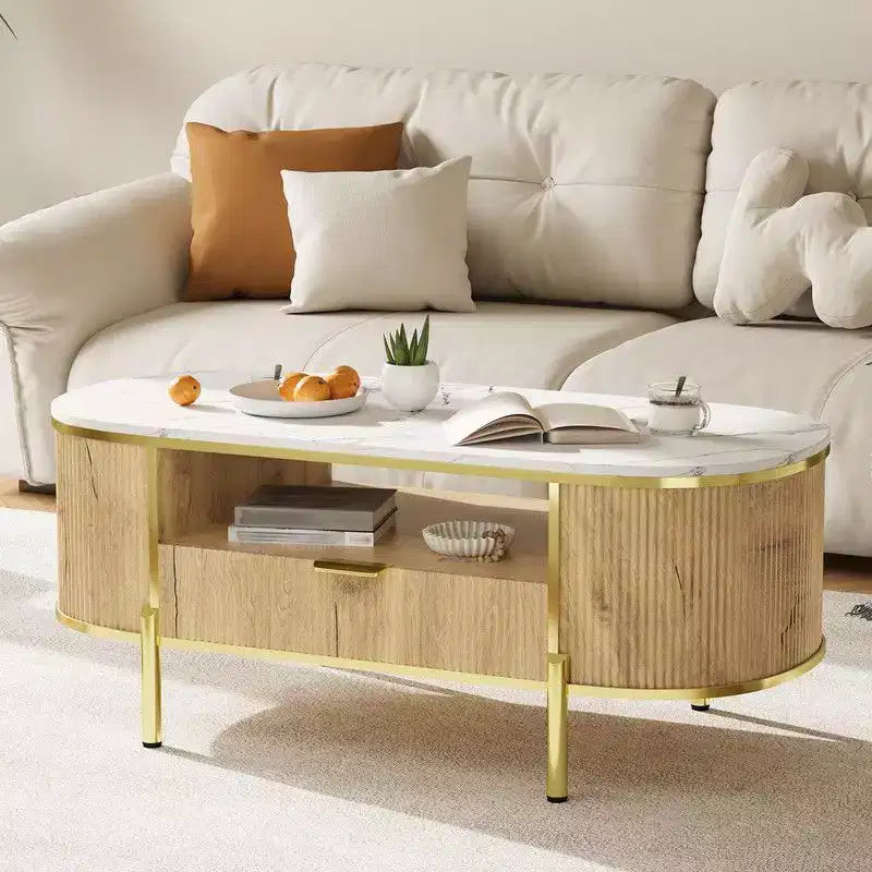 Table basse ovale moderne avec rangement, table basse cannelée en bois de 48 pouces pour salon ou bureau