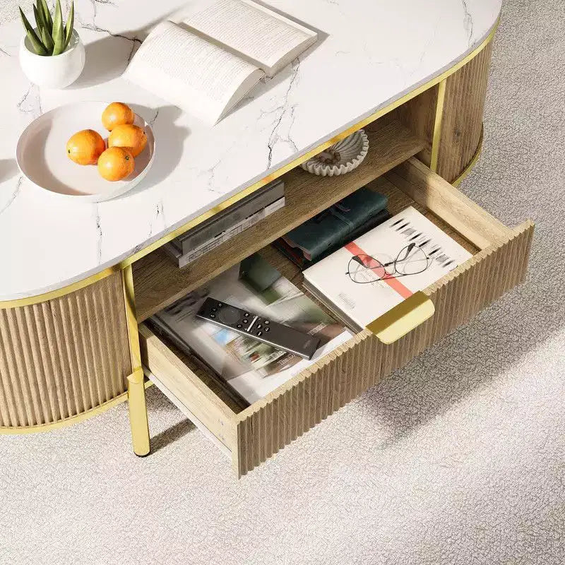 Table basse ovale moderne avec rangement, table basse cannelée en bois de 48 pouces pour salon ou bureau