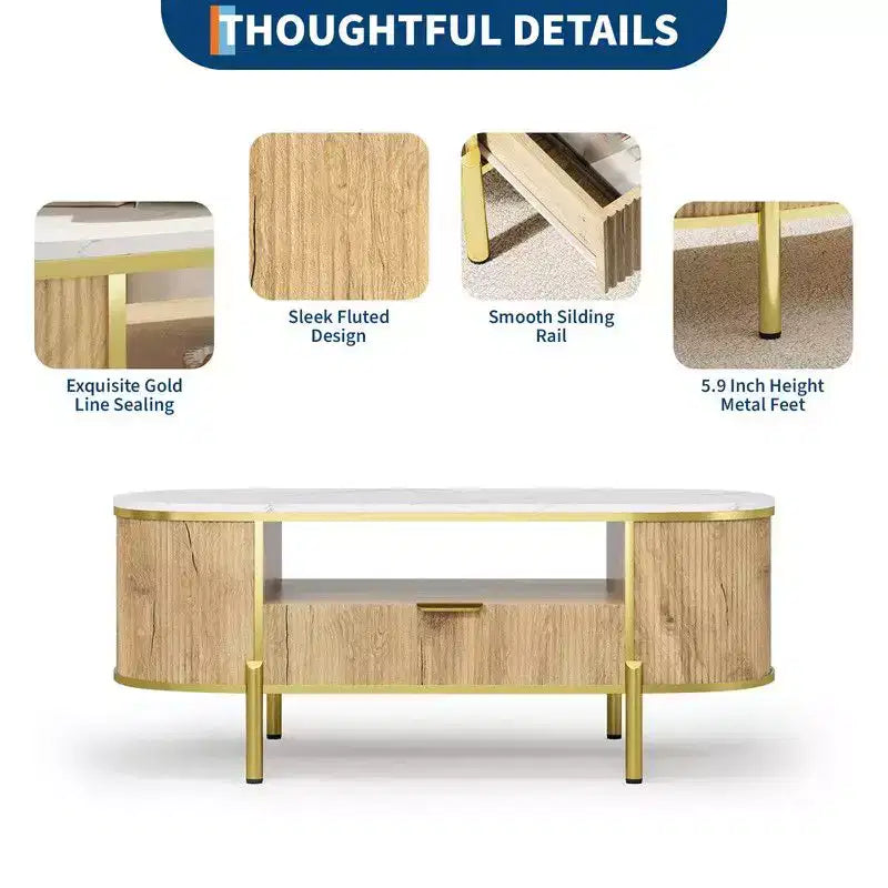 Table basse ovale moderne avec rangement, table basse cannelée en bois de 48 pouces pour salon ou bureau