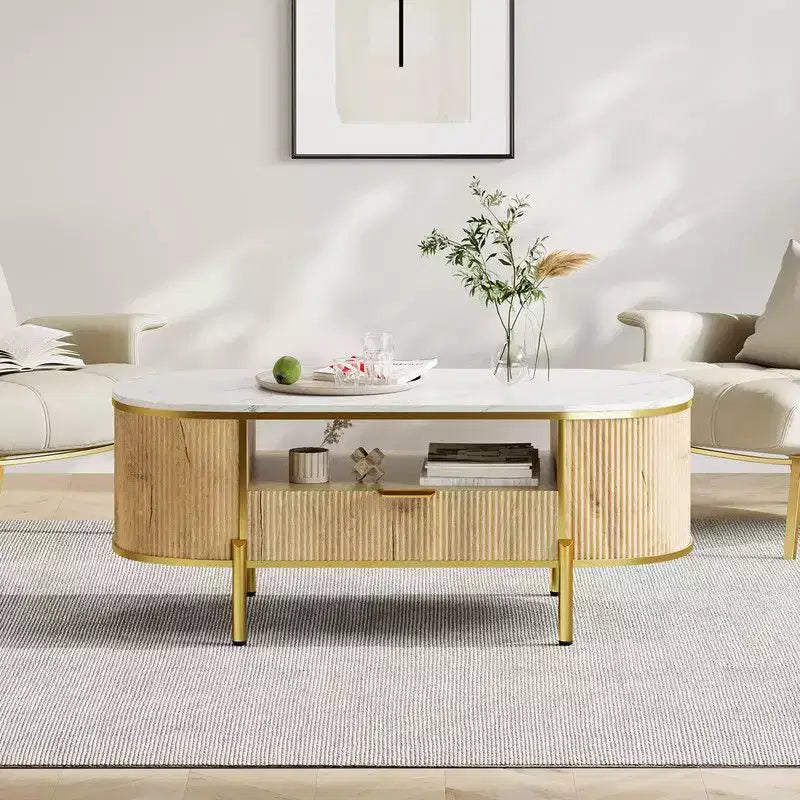 Table basse ovale moderne avec rangement, table basse cannelée en bois de 48 pouces pour salon ou bureau