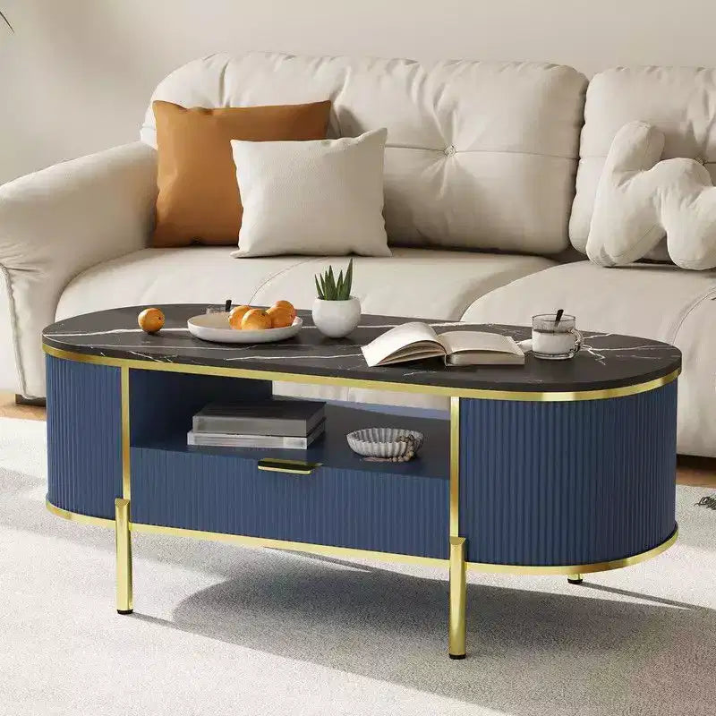 Table basse ovale moderne avec rangement, table basse cannelée en bois de 48 pouces pour salon ou bureau