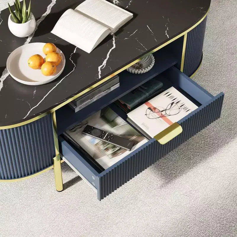 Table basse ovale moderne avec rangement, table basse cannelée en bois de 48 pouces pour salon ou bureau