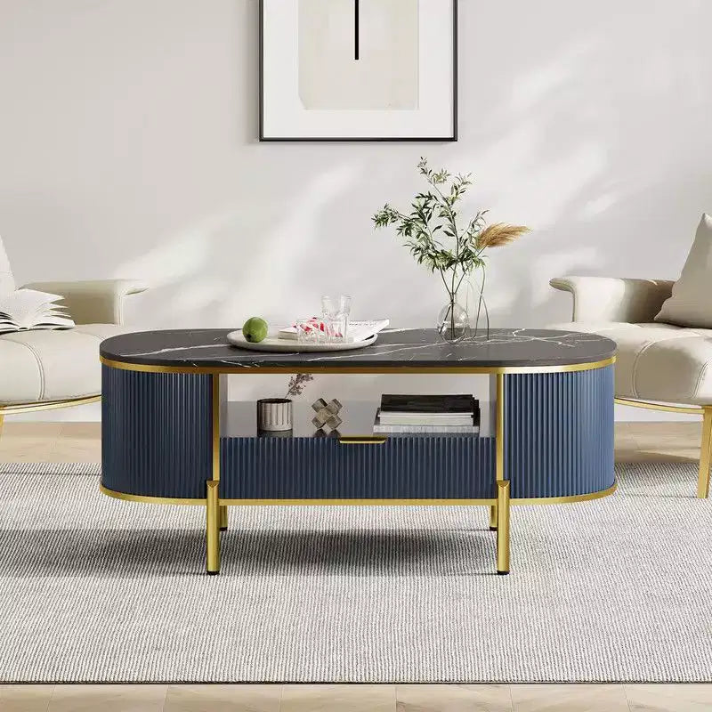 Table basse ovale moderne avec rangement, table basse cannelée en bois de 48 pouces pour salon ou bureau