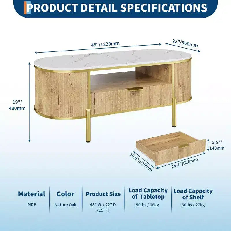 Table basse ovale moderne avec rangement, table basse cannelée en bois de 48 pouces pour salon ou bureau