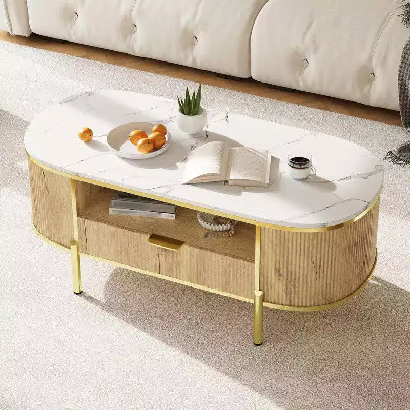 Table basse ovale moderne avec rangement, table basse cannelée en bois de 48 pouces pour salon ou bureau