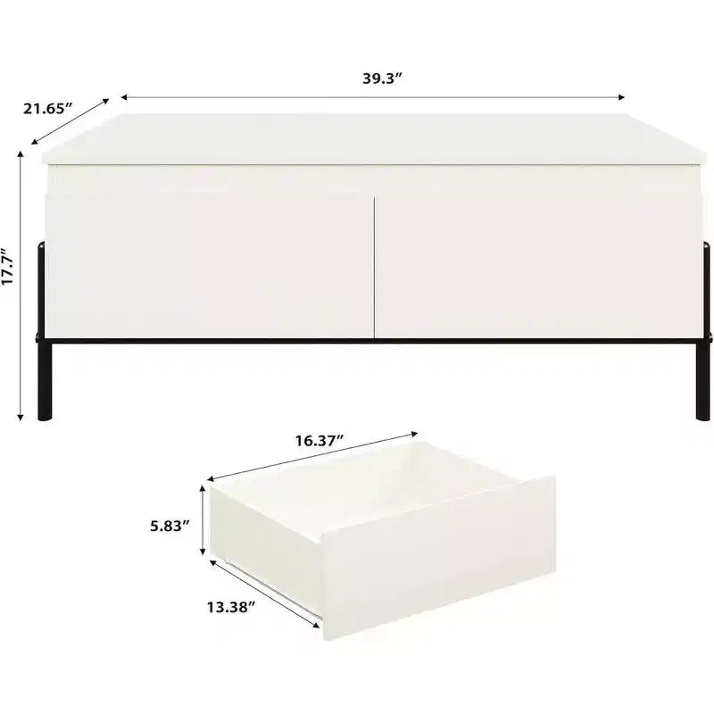 Table basse blanche avec tiroirs, Table basse rectangulaire avec étagère arrière ouverte