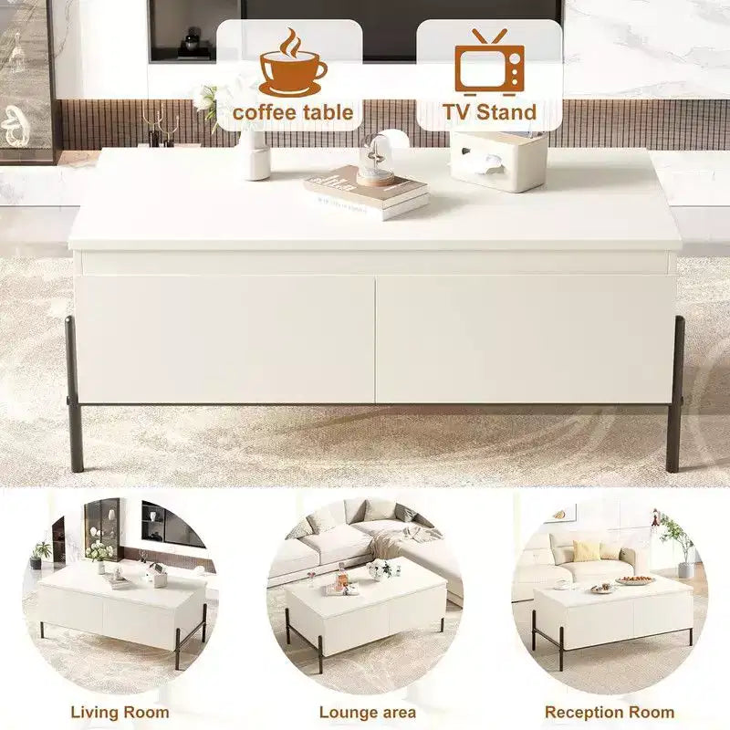 Table basse blanche avec tiroirs, Table basse rectangulaire avec étagère arrière ouverte