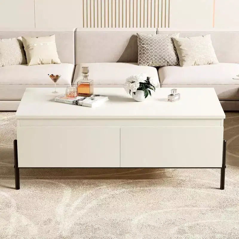 Table basse blanche avec tiroirs, Table basse rectangulaire avec étagère arrière ouverte