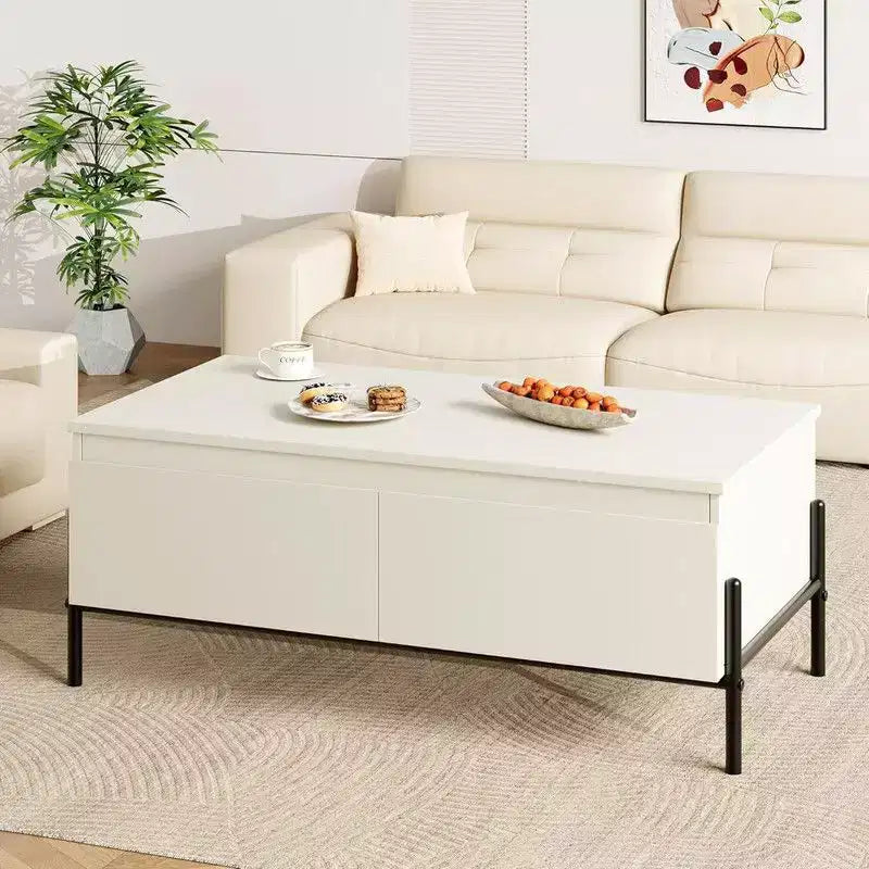Table basse blanche avec tiroirs, Table basse rectangulaire avec étagère arrière ouverte