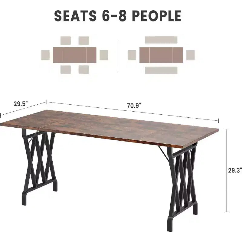 Table à manger 6 personnes, table à manger rectangulaire de 180 cm avec pieds en métal en forme de X et plateau en bois, table à manger de cuisine pour 6 à 8 personnes