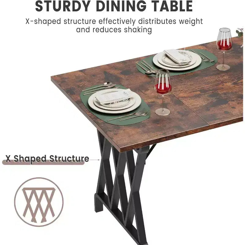 Table à manger 6 personnes, table à manger rectangulaire de 180 cm avec pieds en métal en forme de X et plateau en bois, table à manger de cuisine pour 6 à 8 personnes