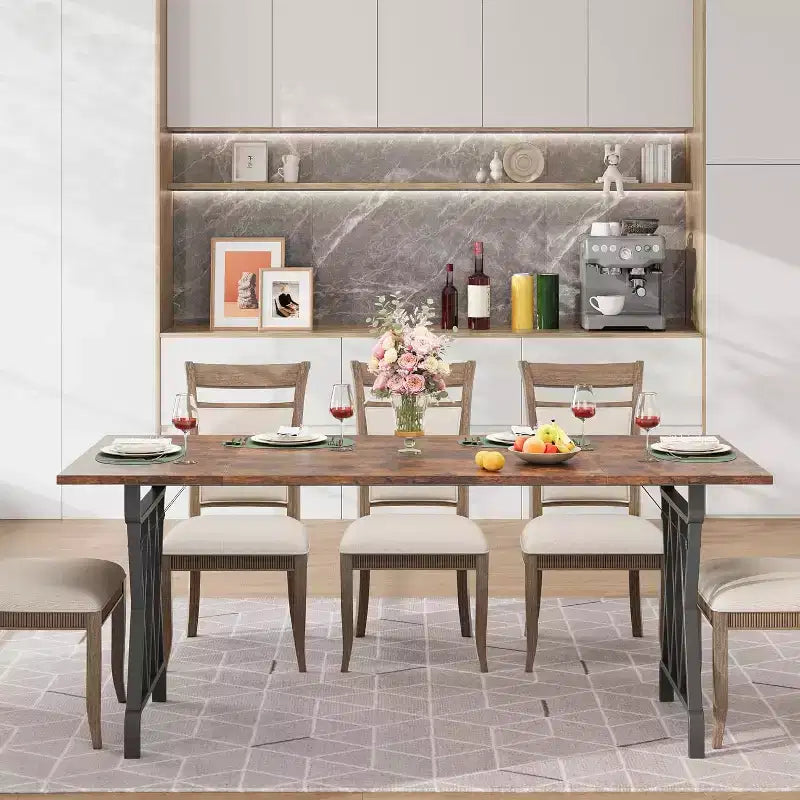 Table à manger 6 personnes, table à manger rectangulaire de 180 cm avec pieds en métal en forme de X et plateau en bois, table à manger de cuisine pour 6 à 8 personnes