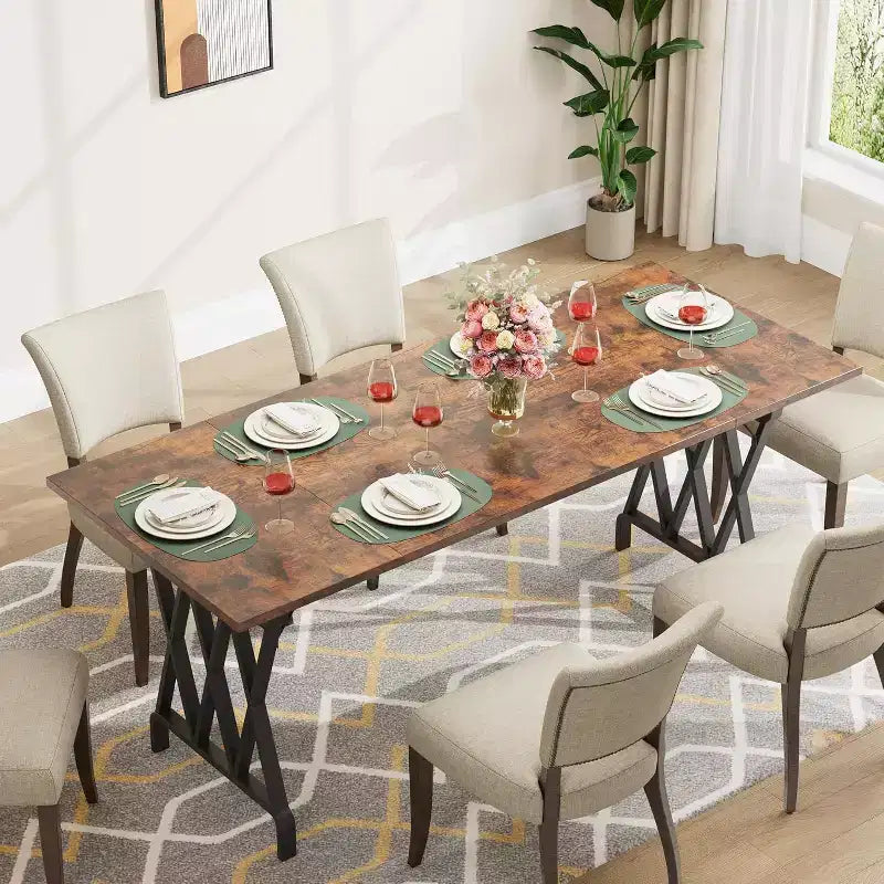 Table à manger 6 personnes, table à manger rectangulaire de 180 cm avec pieds en métal en forme de X et plateau en bois, table à manger de cuisine pour 6 à 8 personnes