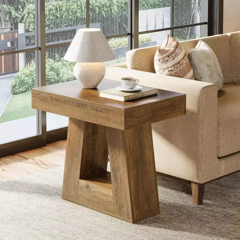 Table d'appoint en bois Lantine 24 pour salon, table de chevet à 2 niveaux avec base trapézoïdale, petite table de chevet de style ferme pour chambre à coucher