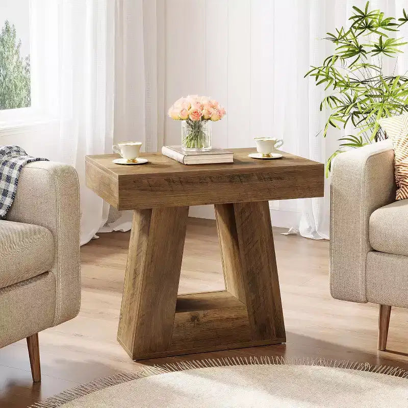Table d'appoint en bois Lantine 24 pour salon, table de chevet à 2 niveaux avec base trapézoïdale, petite table de chevet de style ferme pour chambre à coucher