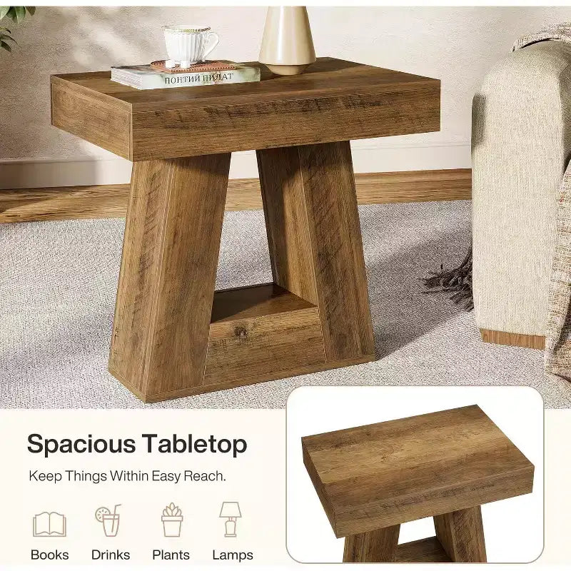 Table d'appoint en bois Lantine 24 pour salon, table de chevet à 2 niveaux avec base trapézoïdale, petite table de chevet de style ferme pour chambre à coucher