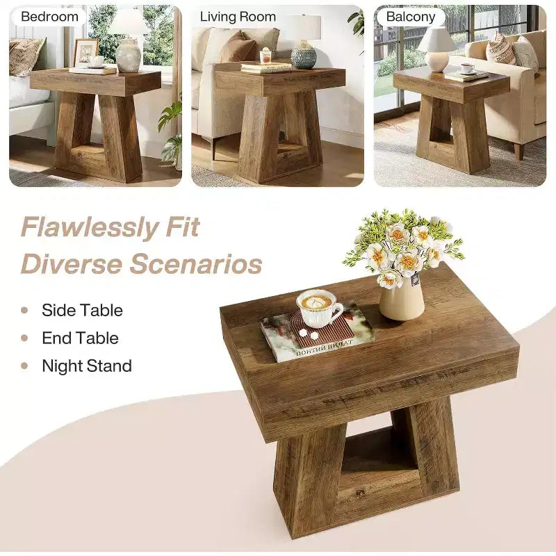Table d'appoint en bois Lantine 24 pour salon, table de chevet à 2 niveaux avec base trapézoïdale, petite table de chevet de style ferme pour chambre à coucher