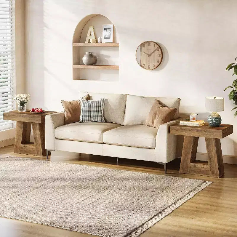 Table d'appoint en bois Lantine 24 pour salon, table de chevet à 2 niveaux avec base trapézoïdale, petite table de chevet de style ferme pour chambre à coucher