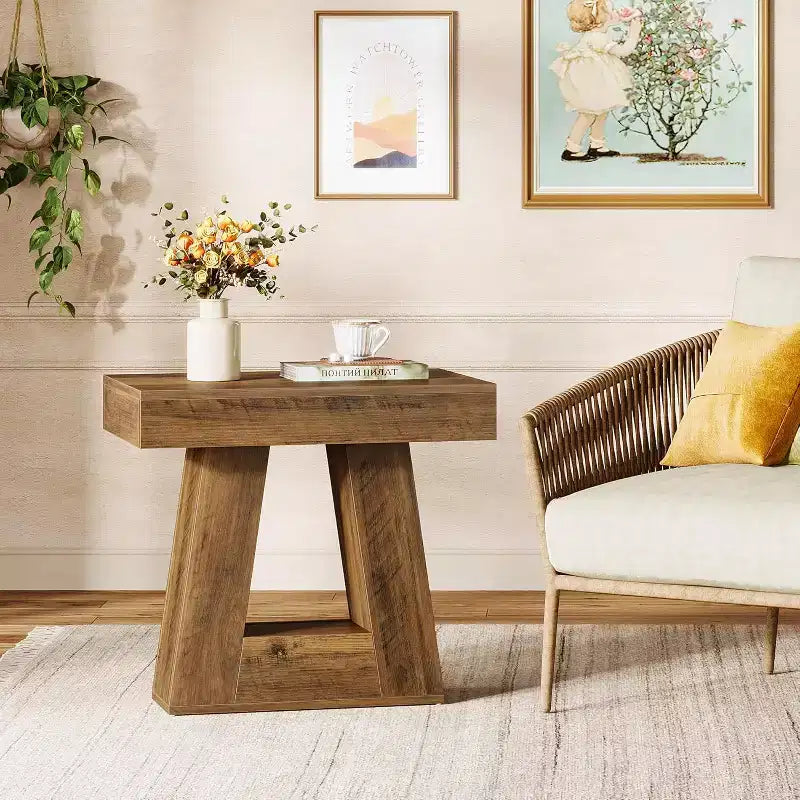 Table d'appoint en bois Lantine 24 pour salon, table de chevet à 2 niveaux avec base trapézoïdale, petite table de chevet de style ferme pour chambre à coucher