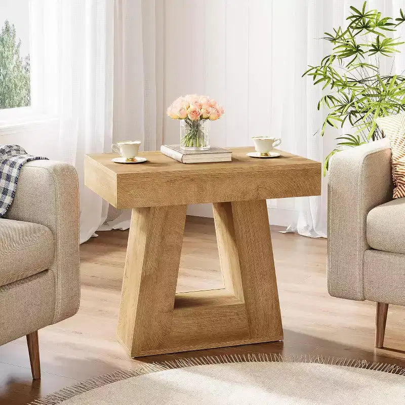 Table d'appoint en bois Lantine 24 pour salon, table de chevet à 2 niveaux avec base trapézoïdale, petite table de chevet de style ferme pour chambre à coucher