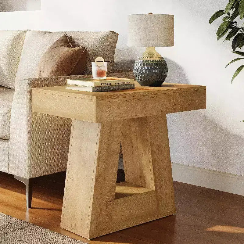 Table d'appoint en bois Lantine 24 pour salon, table de chevet à 2 niveaux avec base trapézoïdale, petite table de chevet de style ferme pour chambre à coucher