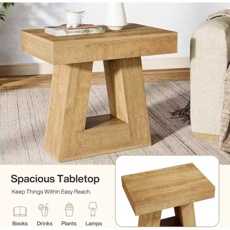 Table d'appoint en bois Lantine 24 pour salon, table de chevet à 2 niveaux avec base trapézoïdale, petite table de chevet de style ferme pour chambre à coucher