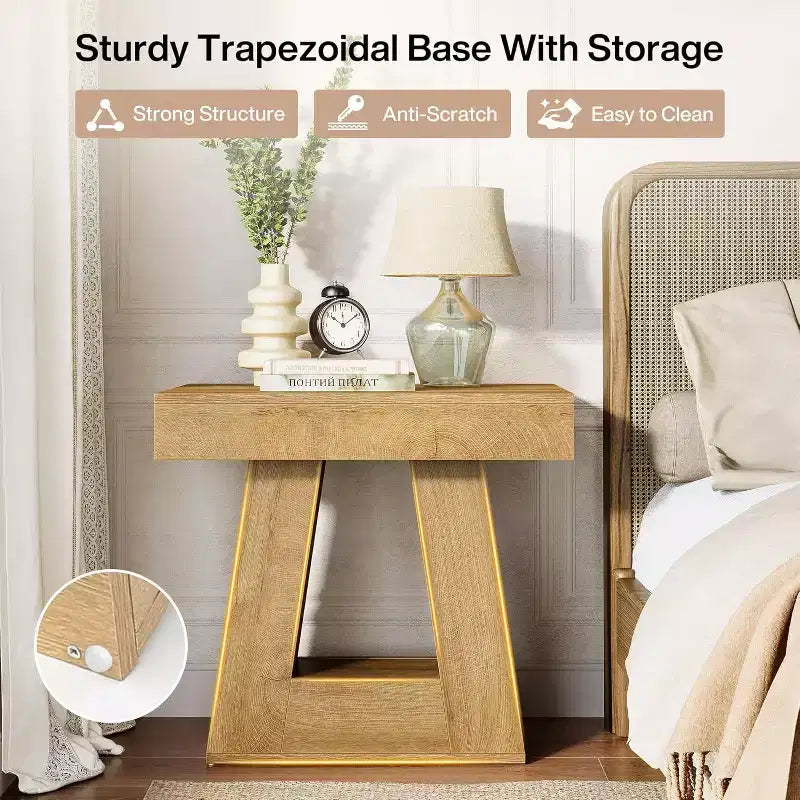 Table d'appoint en bois Lantine 24 pour salon, table de chevet à 2 niveaux avec base trapézoïdale, petite table de chevet de style ferme pour chambre à coucher