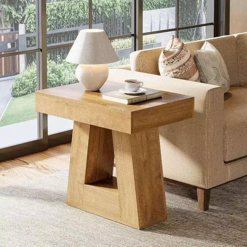 Table d'appoint en bois Lantine 24 pour salon, table de chevet à 2 niveaux avec base trapézoïdale, petite table de chevet de style ferme pour chambre à coucher