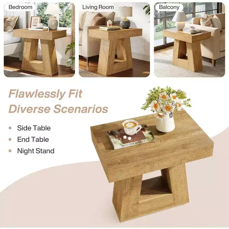 Table d'appoint en bois Lantine 24 pour salon, table de chevet à 2 niveaux avec base trapézoïdale, petite table de chevet de style ferme pour chambre à coucher