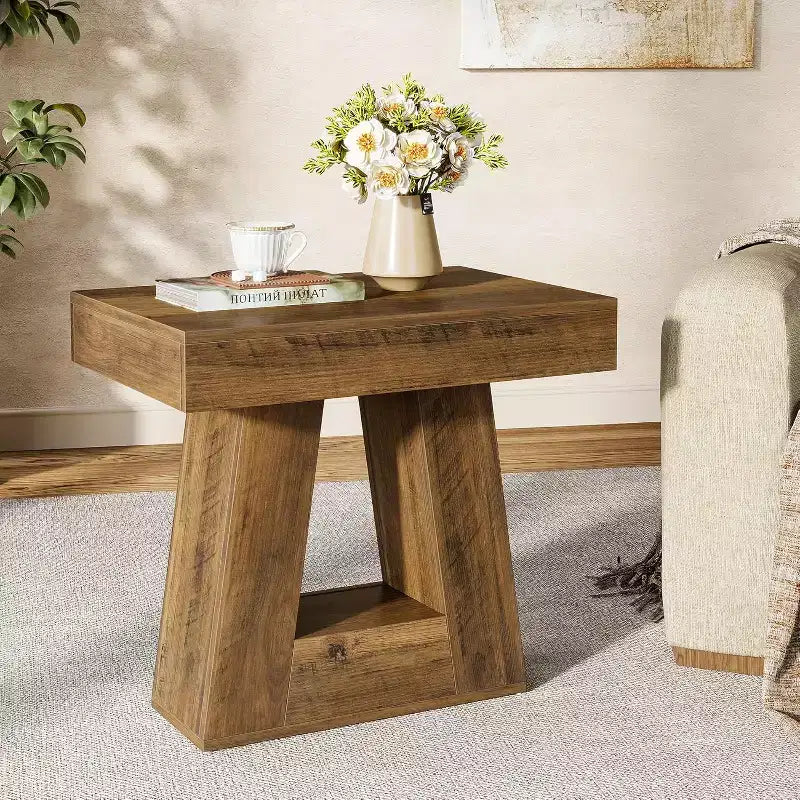Table d'appoint en bois Lantine 24 pour salon, table de chevet à 2 niveaux avec base trapézoïdale, petite table de chevet de style ferme pour chambre à coucher