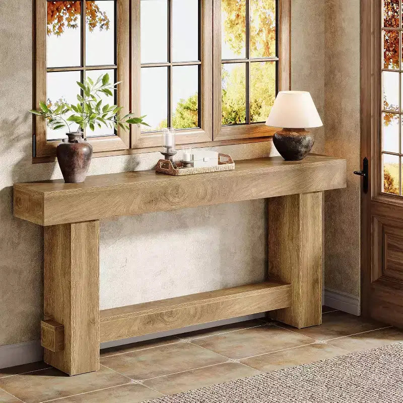 Table console Lantine 70.9, table de canapé de style ferme en bois derrière le canapé, meuble d'entrée avec pieds épais pour le couloir, le salon
