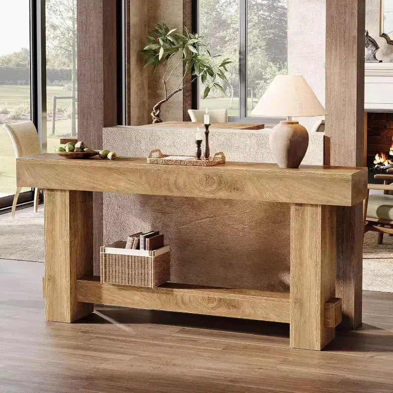 Table console Lantine 70.9, table de canapé de style ferme en bois derrière le canapé, meuble d'entrée avec pieds épais pour le couloir, le salon