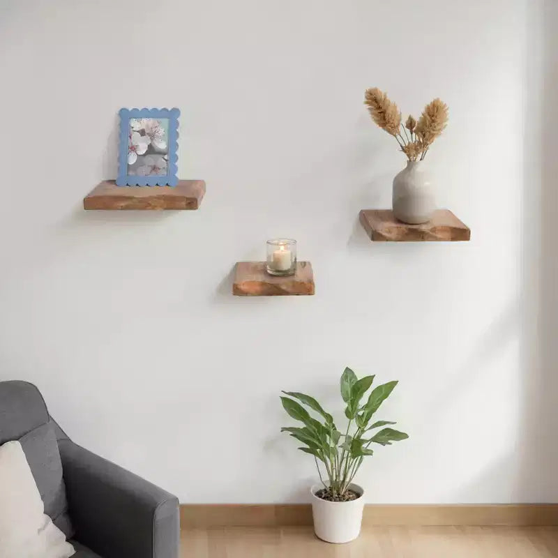 Floating Wall Shelves - Solid Mango Wood Rustic Wall Mounted Storage Shelves for Home & Office Decor - Casual Style Display for Bedroom, Living Room