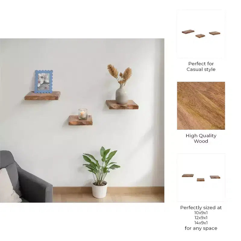Étagères murales flottantes - Étagères de rangement murales rustiques en bois de manguier massif pour la décoration de la maison et du bureau - Présentoir de style décontracté pour la chambre, le salon