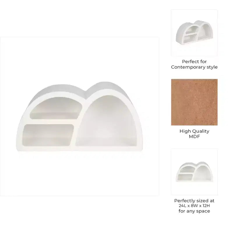 Étagère murale en bois, design géométrique sculptural asymétrique, rangement mural contemporain pour bureau, chambre ou salon, unité d'organisation et d'exposition.