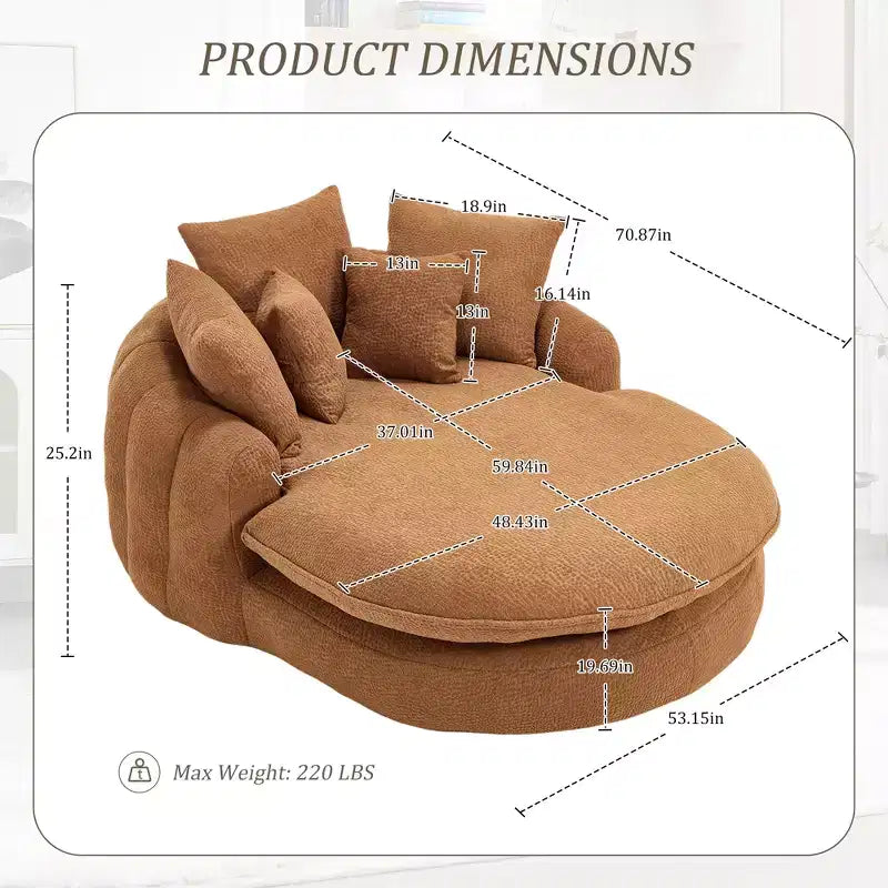 Grand canapé poire ovale en chenille avec 3 grands et 2 petits oreillers et dossier enveloppant pour adultes