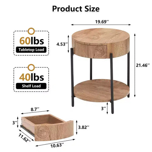 Table basse 19.69 avec tiroir Tables d'appoint rondes Table de chevet en bois Cadre en métal pour salon, chambre à coucher et petits espaces