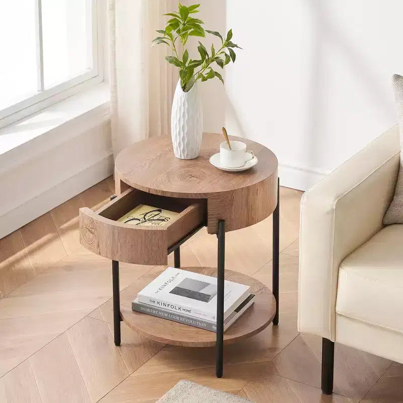 Table basse 19.69 avec tiroir Tables d'appoint rondes Table de chevet en bois Cadre en métal pour salon, chambre à coucher et petits espaces