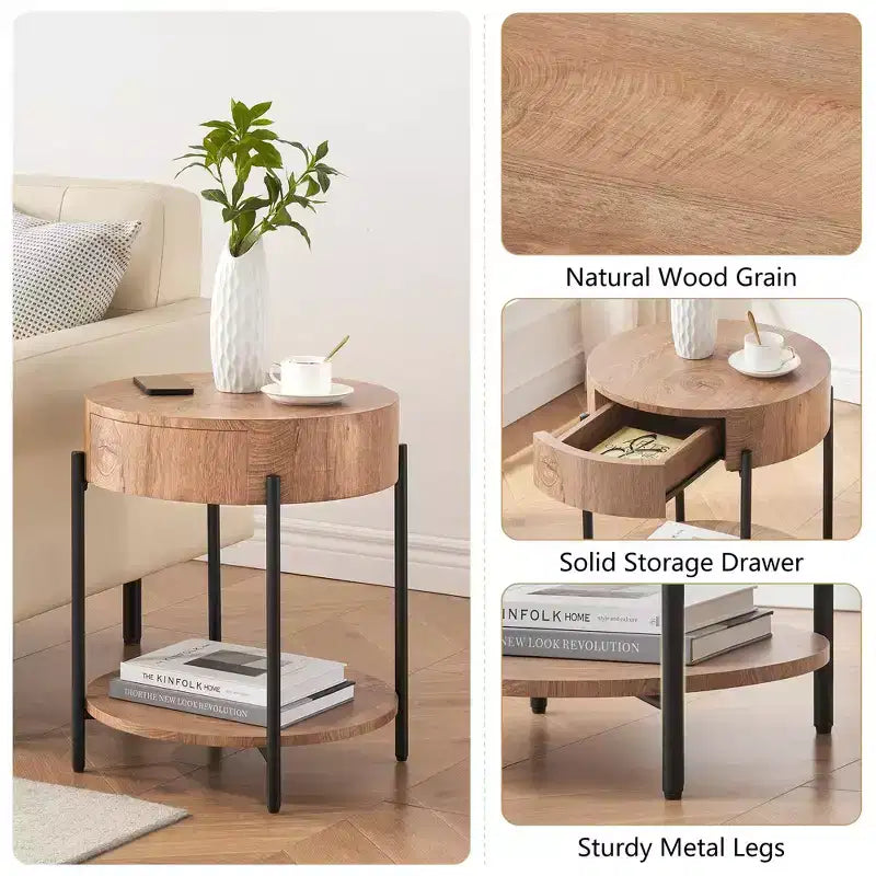 Table basse 19.69 avec tiroir Tables d'appoint rondes Table de chevet en bois Cadre en métal pour salon, chambre à coucher et petits espaces