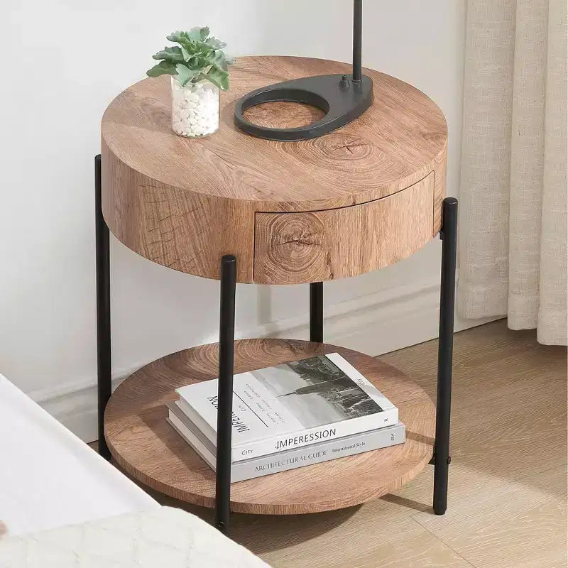 Table basse 19.69 avec tiroir Tables d'appoint rondes Table de chevet en bois Cadre en métal pour salon, chambre à coucher et petits espaces