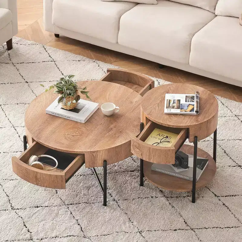 Table basse 19.69 avec tiroir Tables d'appoint rondes Table de chevet en bois Cadre en métal pour salon, chambre à coucher et petits espaces