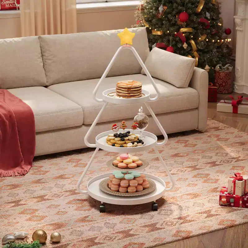 Chariot de rangement roulant Pinmoco pour sapin de Noël, étagère de rangement métallique à 3 niveaux pour collations, petits gâteaux et desserts, table d'appoint pour fêtes et vacances